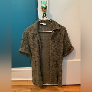 Zara Olive Knit Short Sleeve Button Up